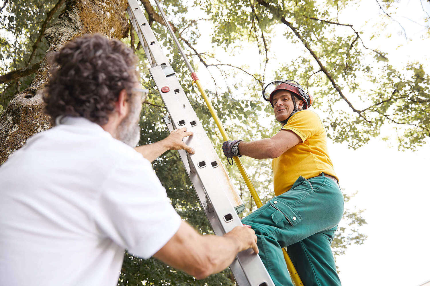 Man climbing a ladder while supported by a therapist