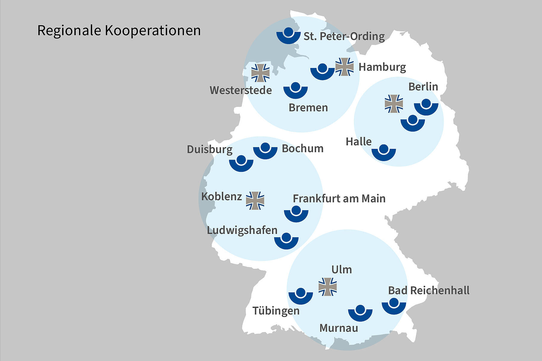 Infografik der regionalen Kooperationen der BG Kliniken und Bundeswehrkrankenhäuser