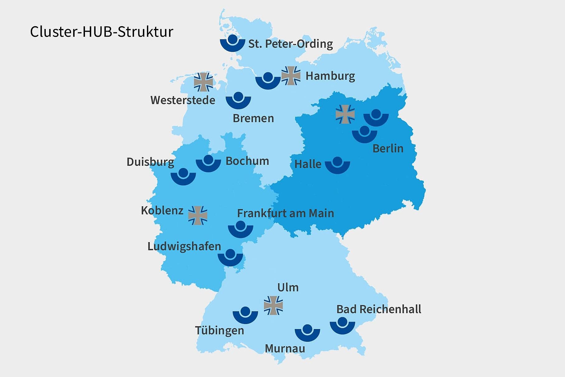Infografik Cluster-HUB-Struktur der BG Kliniken und Bundeswehrkrankenhäuser